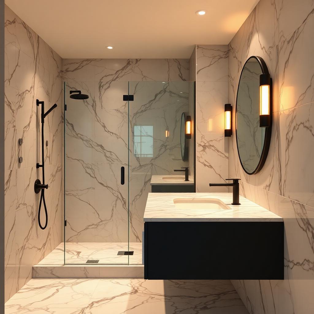 Renovated bathroom with marble tile and a frameless glass walk-in shower