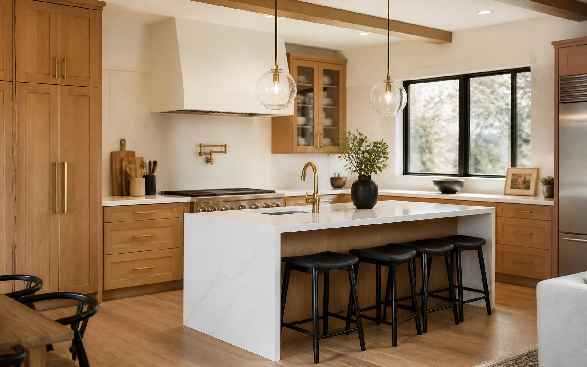 Newly remodeled kitchen with oak cabinetry and a quartz island